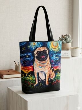 Fawn Pug Night By Aja Trier - Colorful Starry Night Design Tote Bag
